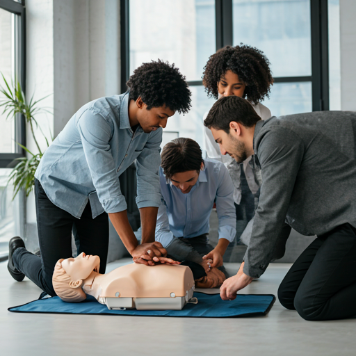 Group of people practicing CPR on a dummy in an office setting.