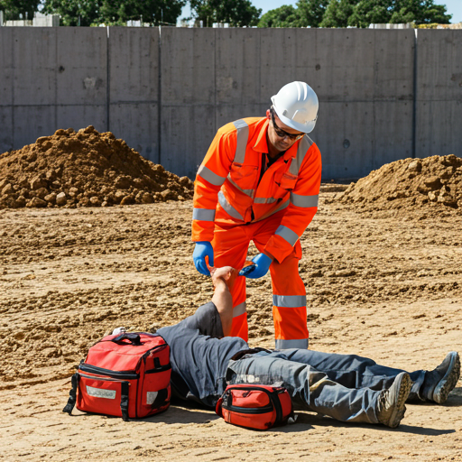 First aid responder attending to an injured construction worker on a worksite.